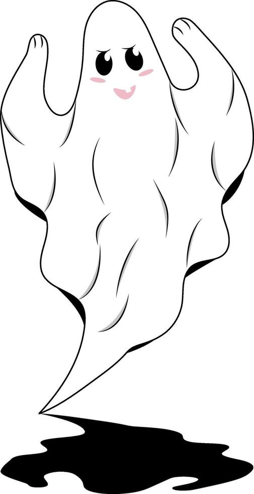 Smiling ghost suitable for Halloween designs. Spooky character with large eyes and a black shadow, perfect for festive decorations. vector