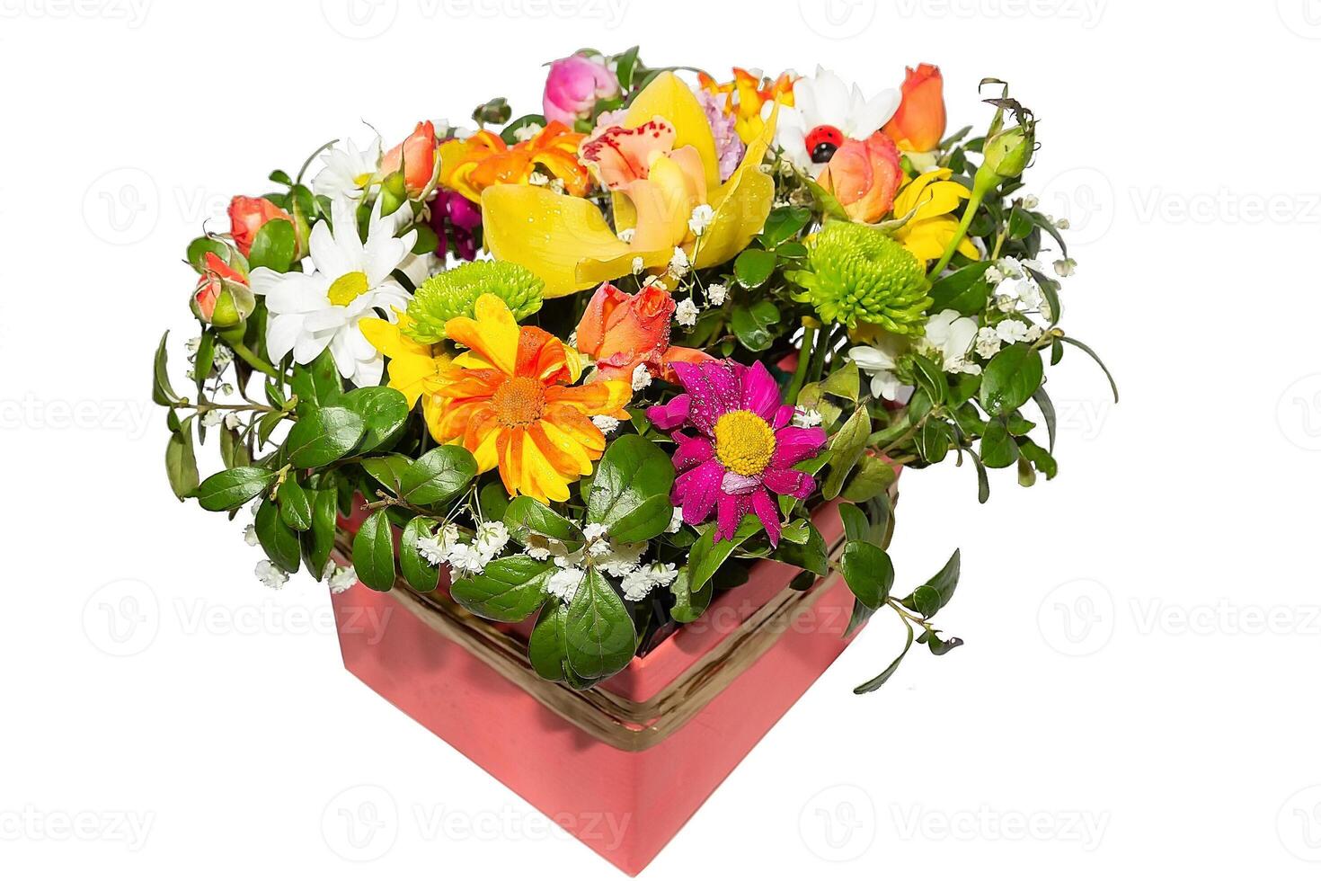 Bouquet of colorful flowers in pink box isolated on white background photo