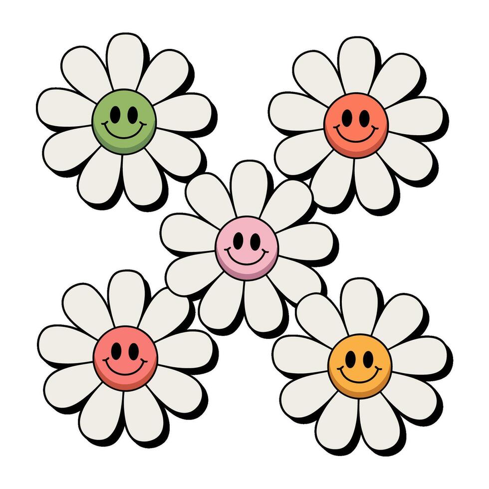Cheerful retro flowers with smile faces, chamomile on white background vector
