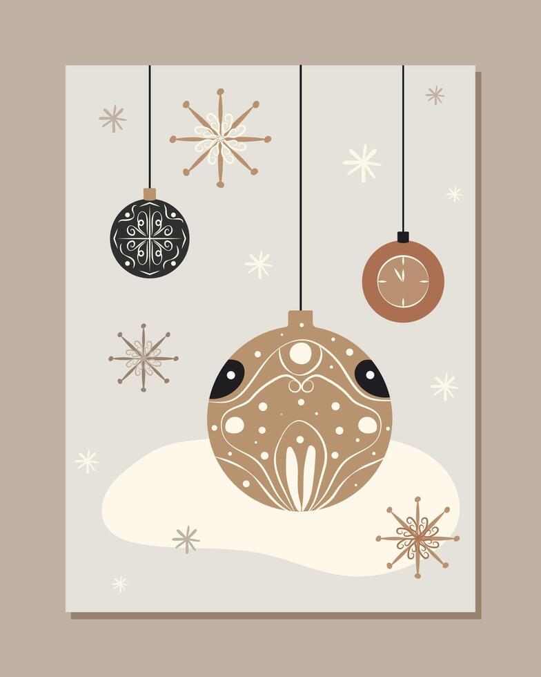 stylish simple flat card with christmas tree toys in minimalist style. graphic art for xmas greetings vector
