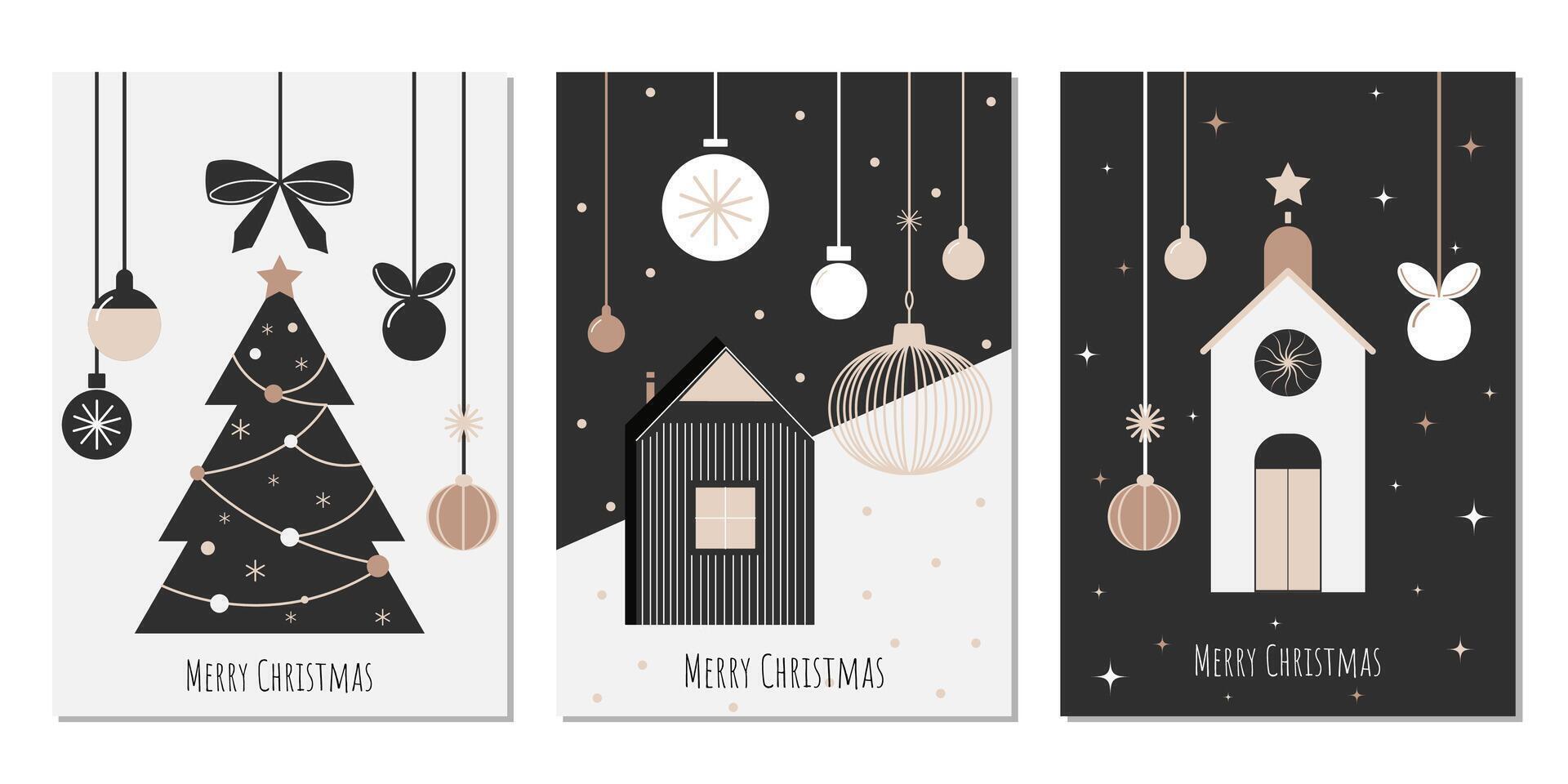 stylish set of christmas cards in minimalistic flat style. graphic art of group xmas cards with greetings vector