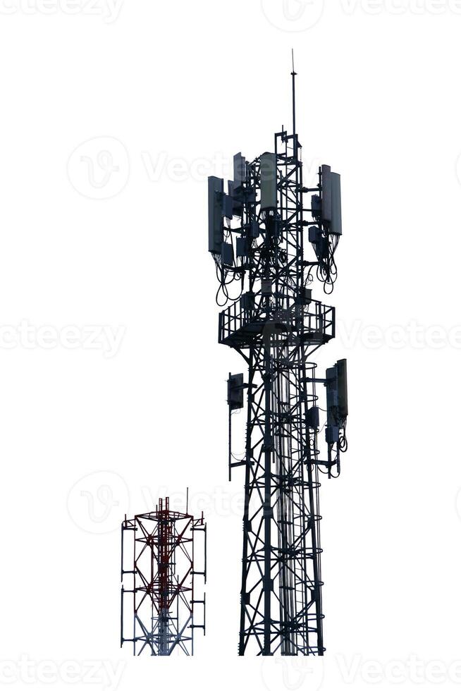 Two Telecommunication Towers Isolated on White Background for Technology and Communication Concepts photo