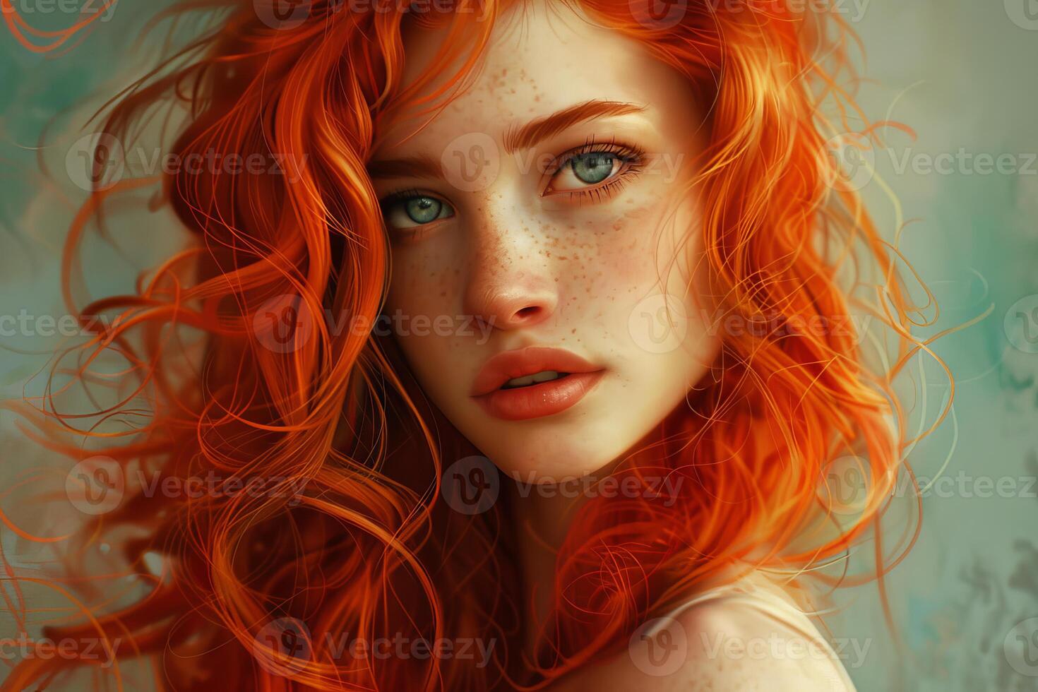 Beautiful redhead woman with freckles is posing for a portrait photo