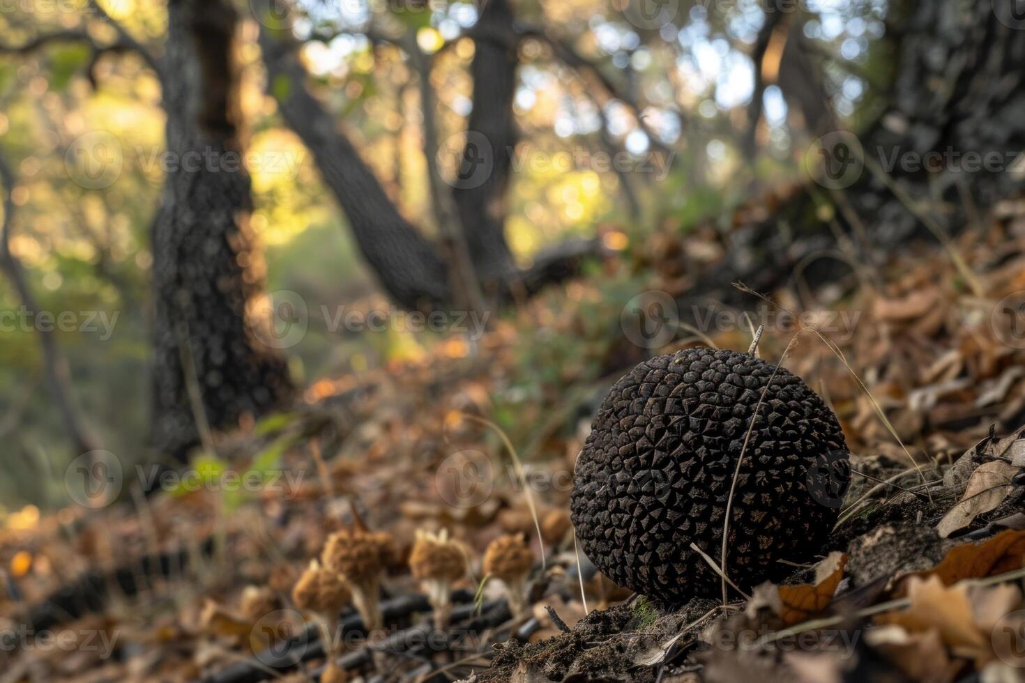 Black truffle growing on the ground in the woods surrounded by dry leaves in autumn photo