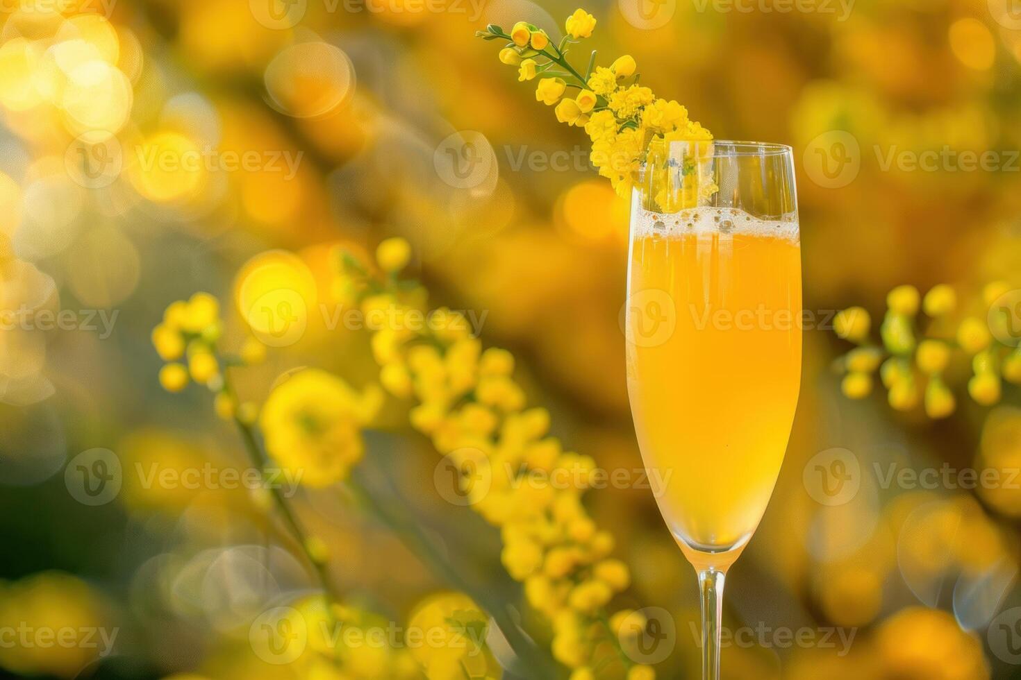 Mimosa cocktail standing near blooming cootamundra wattle on blurred background photo