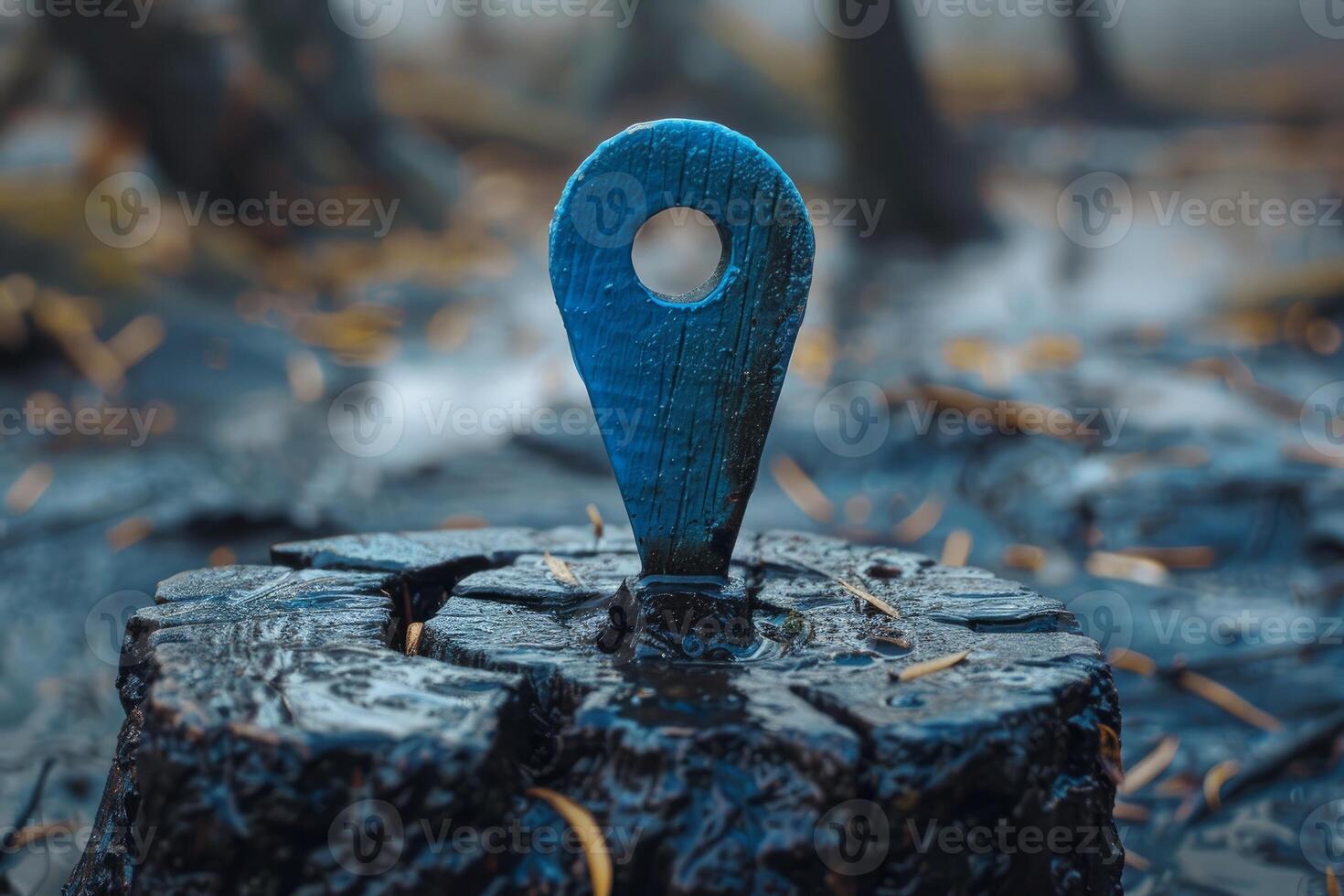 Blue wooden location pin standing on a wet stump in the forest photo