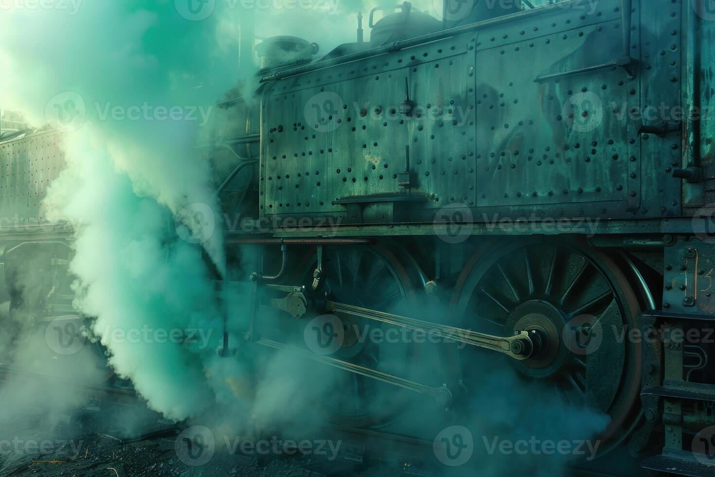 Old steam locomotive is generating green smoke while standing on rails photo
