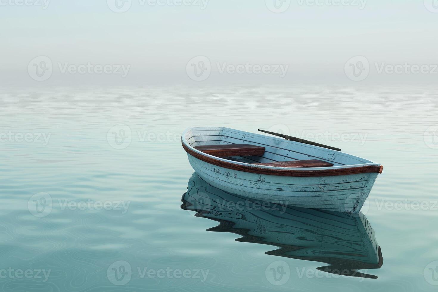 Small white wooden boat floating on calm water with reflection photo