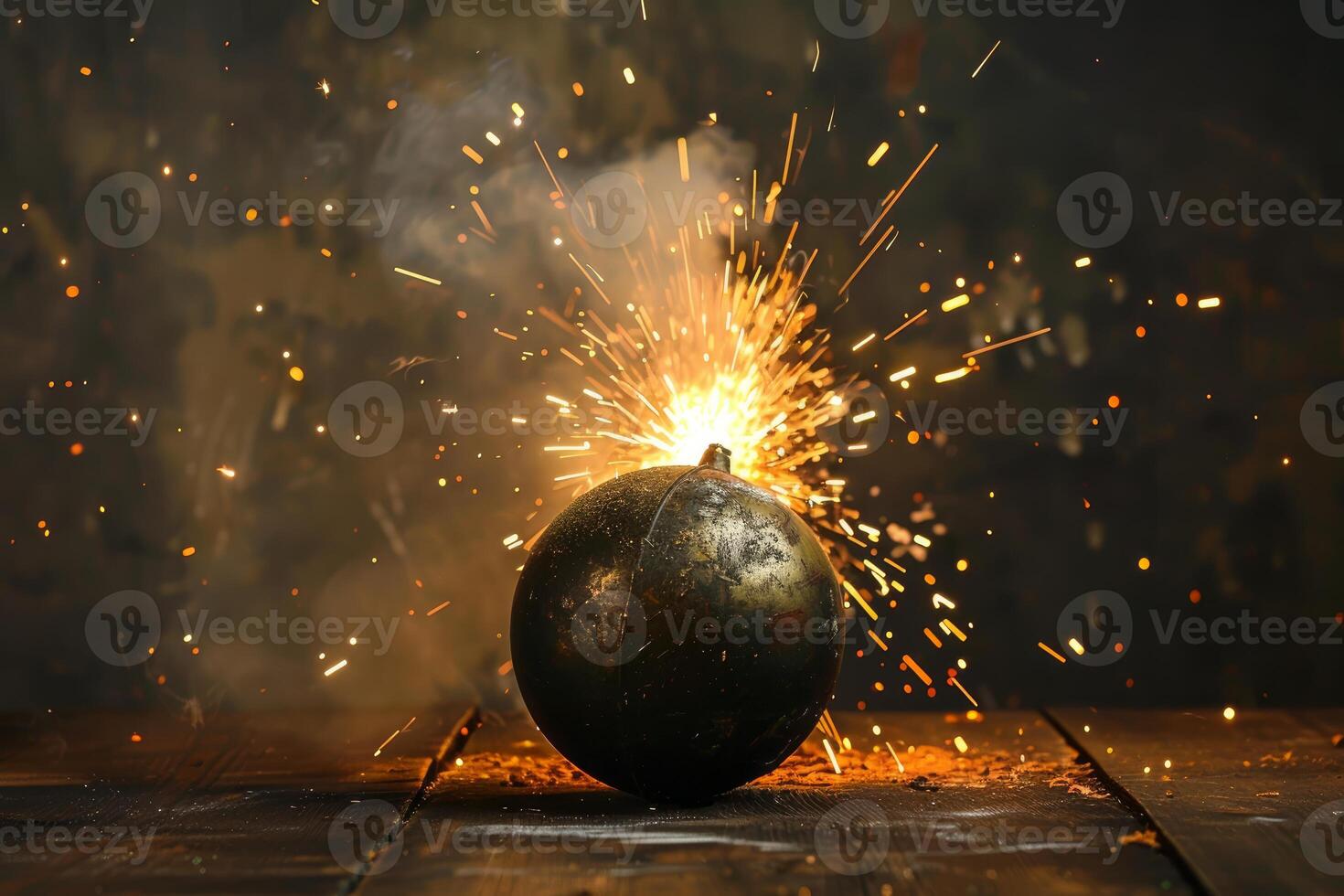 Round bomb exploding with sparks flying on wooden surface photo