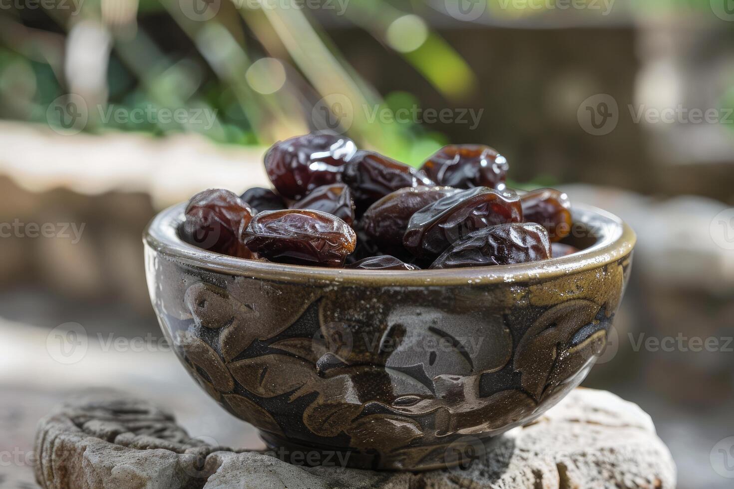 Bowl overflowing with medjool dates in a garden setting photo