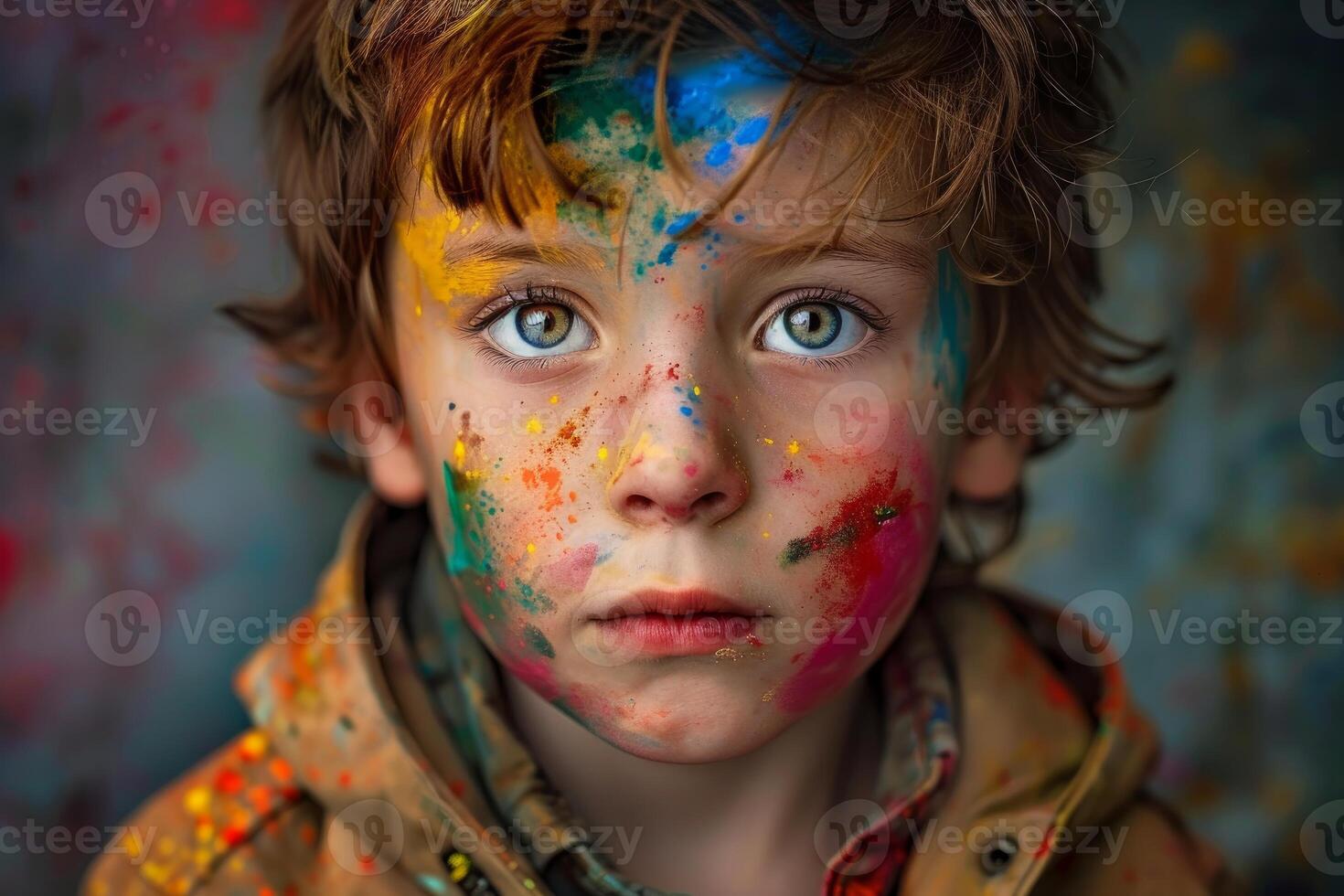 Young boy covered in paint showing artistic expression photo