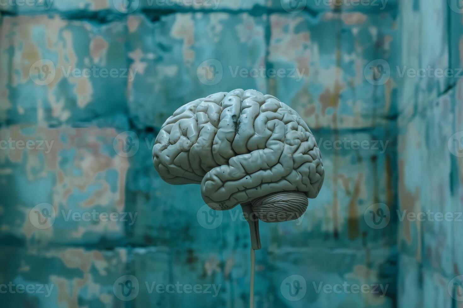 Anatomical model of human brain displayed on blue background photo