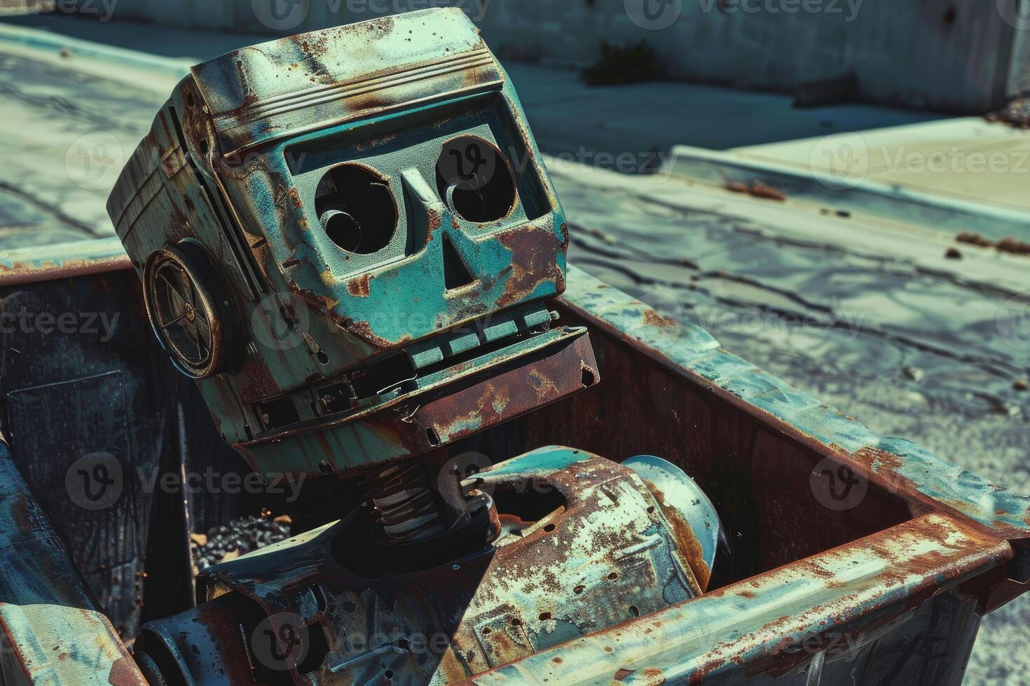 Old broken robot looking sad lying down in dumpster photo