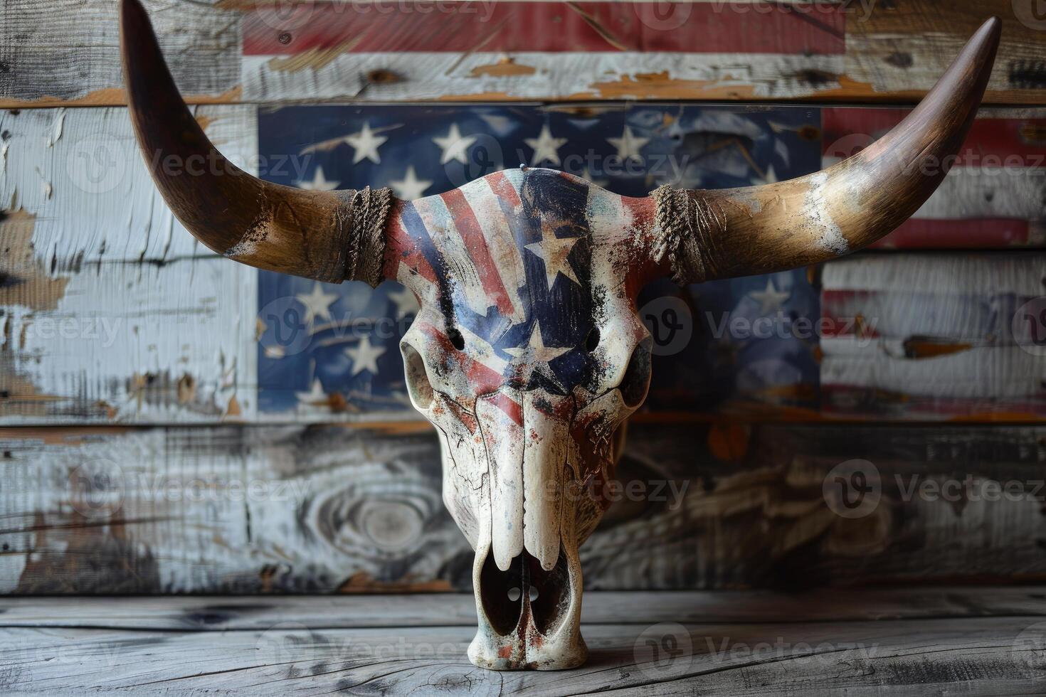 Longhorn skull with american flag painted on it displayed on rustic wood photo