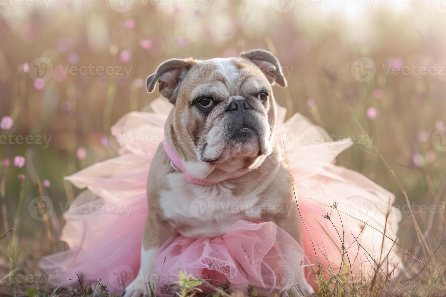 Grumpy bulldog wearing pink tutu sitting in field of flowers photo