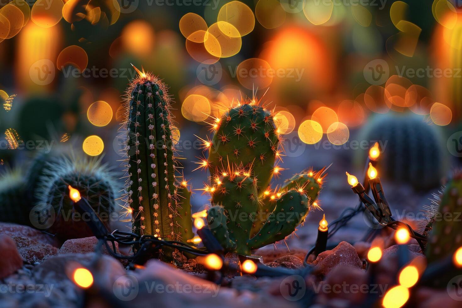 Cacti decorated with string lights glowing in the dark photo