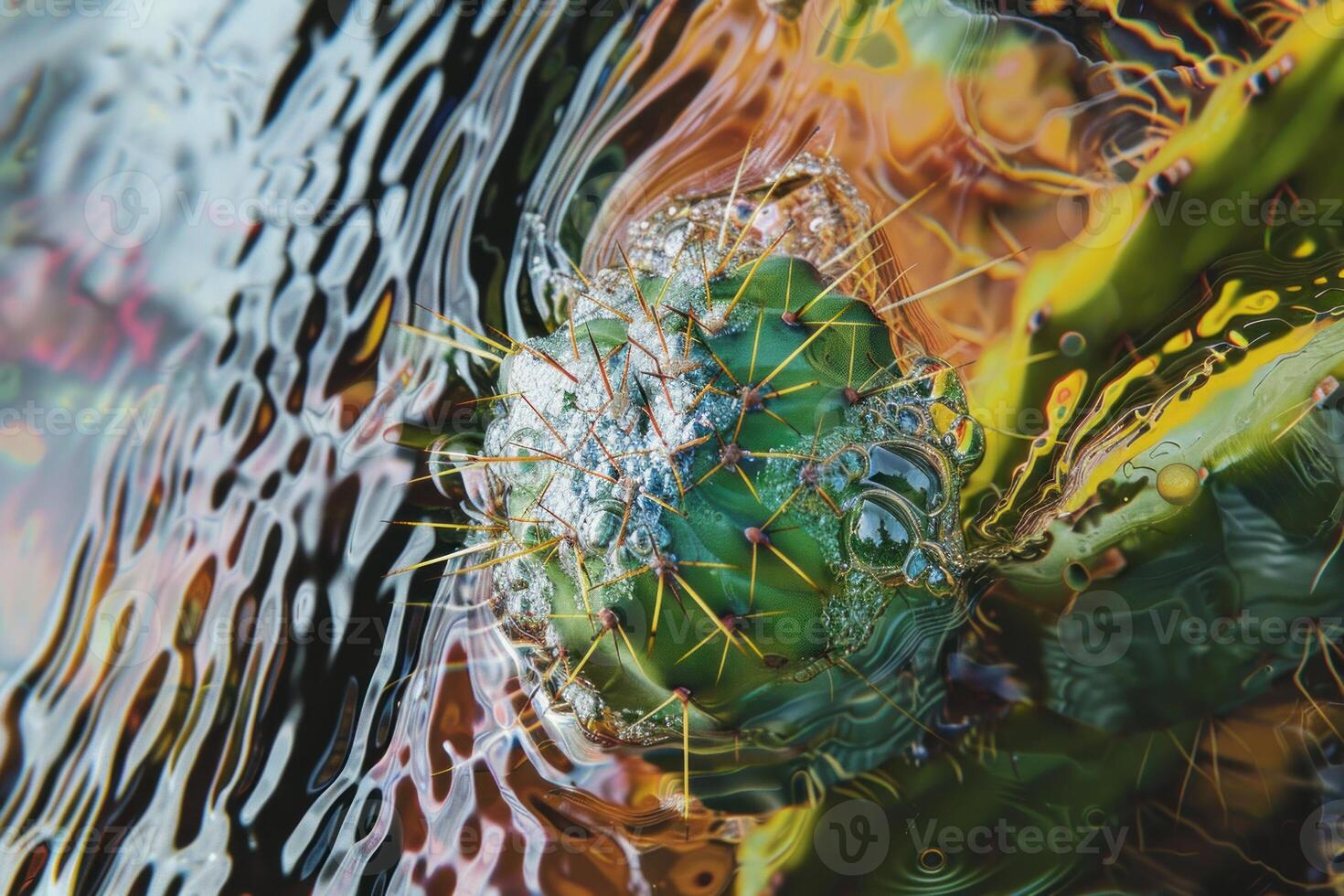 Cactus floating on water surface creating abstract reflections photo