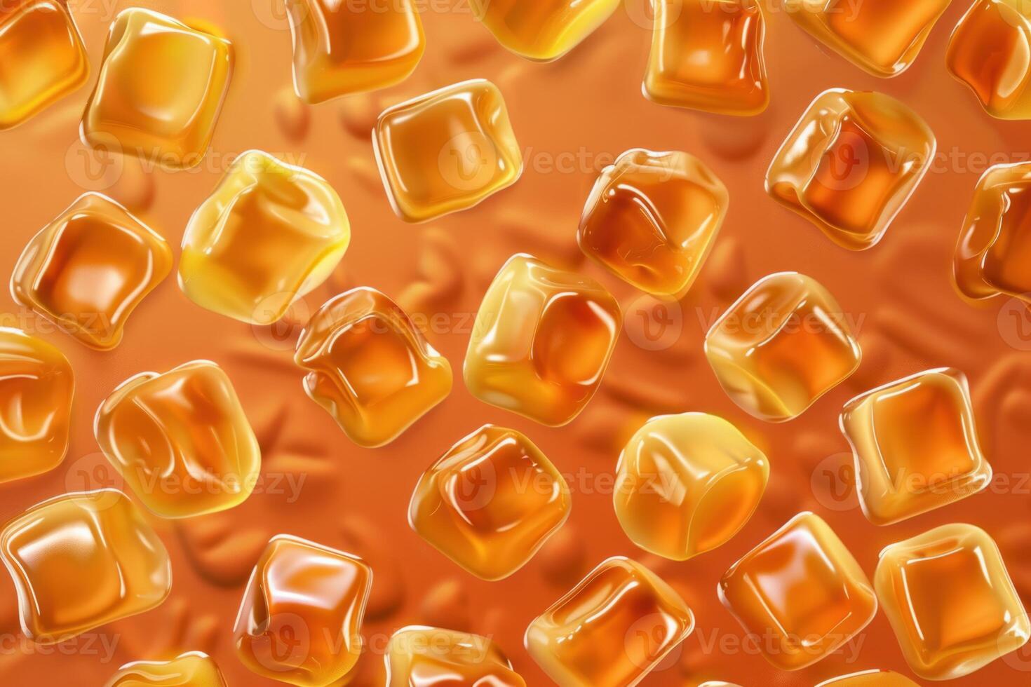Sweet caramel candies falling on orange background photo