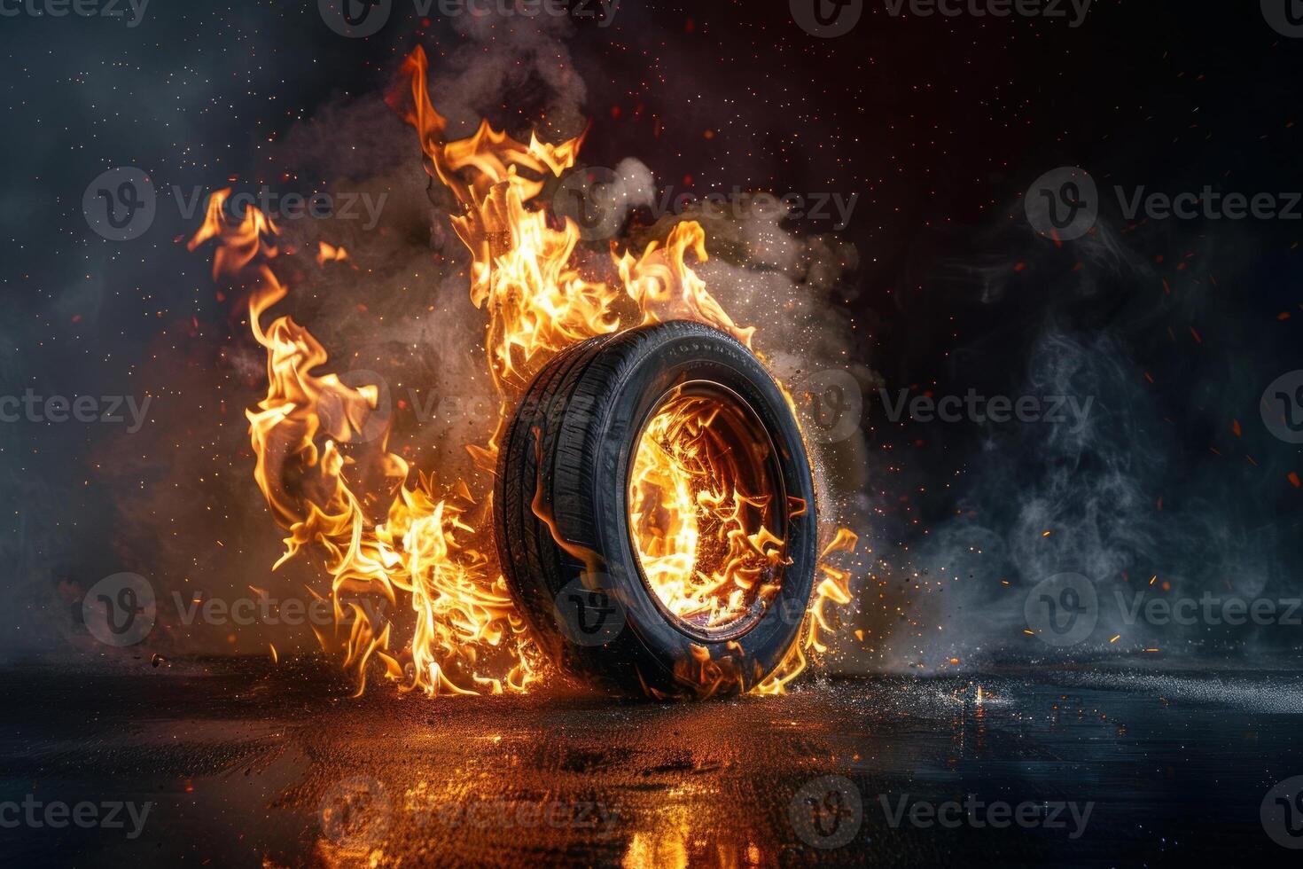 Burning tire engulfed in fiery flames and smoke on dark background photo