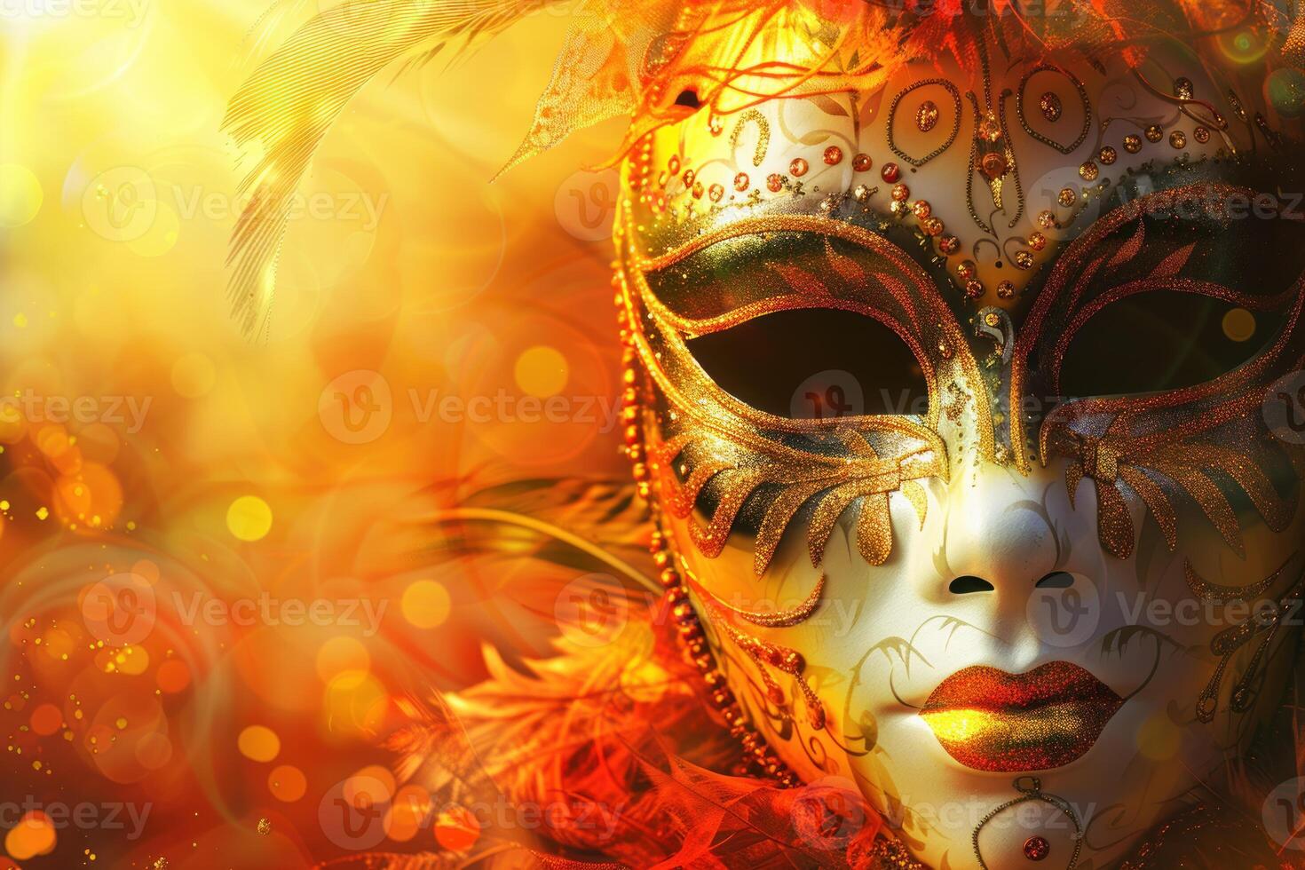 Venetian carnival mask with feathers is lying on a colorful background photo