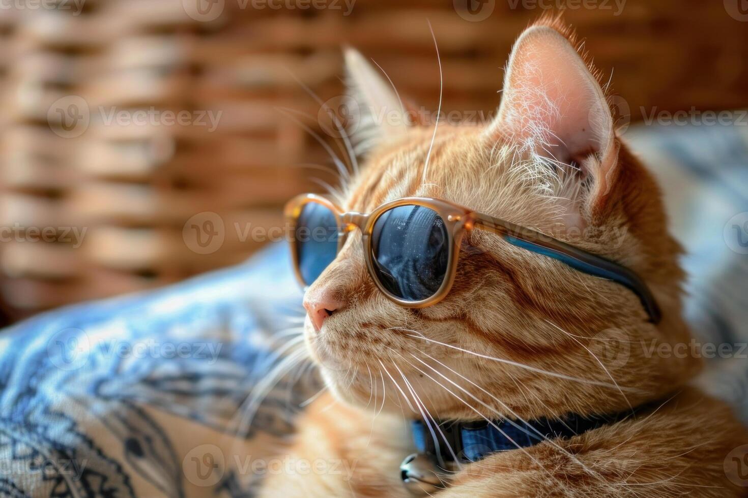Ginger cat wearing sunglasses relaxing on blue couch photo