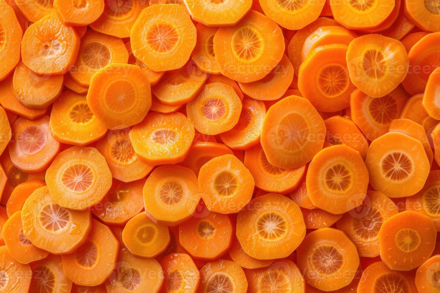Freshly cut carrot slices forming a vibrant background photo