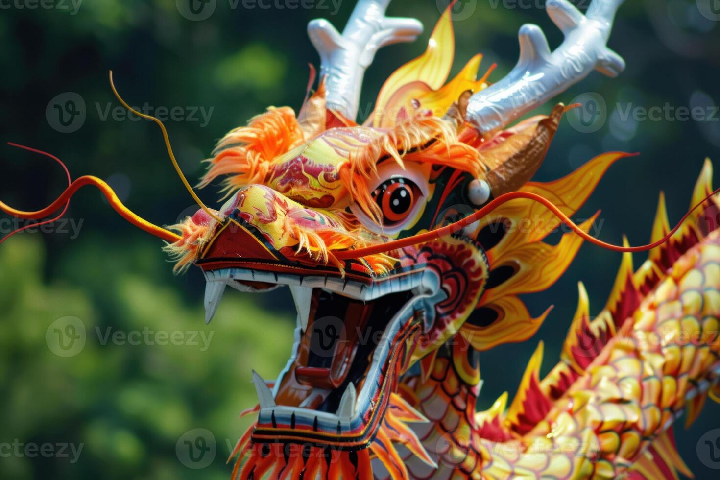 Colorful chinese dragon head with open mouth and sharp teeth photo