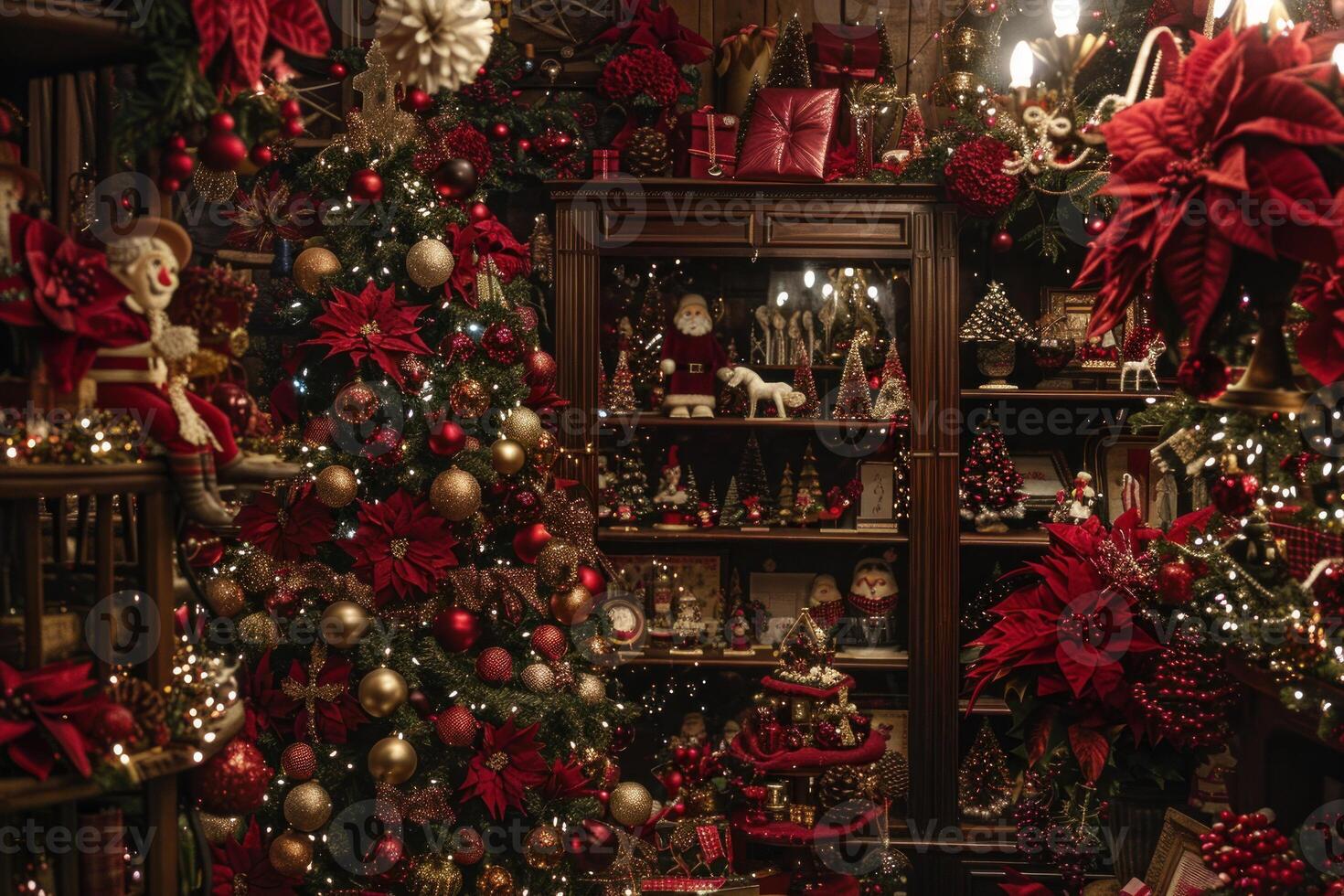 Christmas tree standing in room decorated with red and gold baubles photo