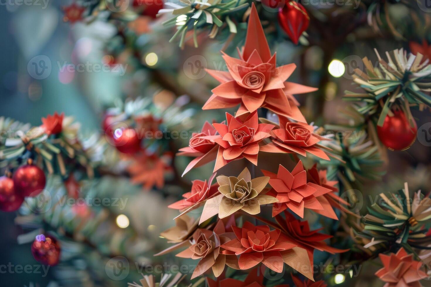 Christmas tree decorated with handmade paper flowers and lights photo