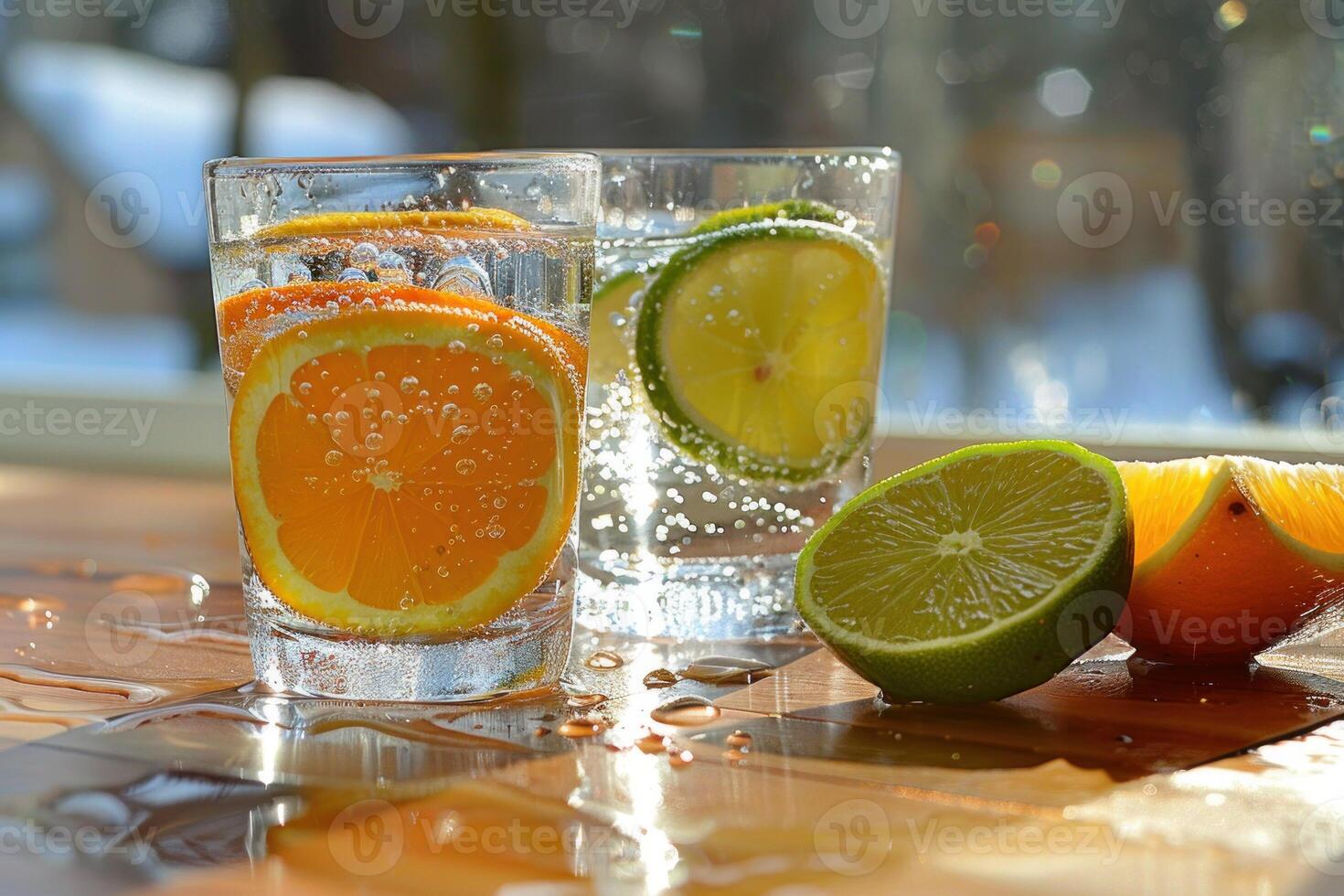 Refreshing cold sparkling water with sliced citrus fruits photo