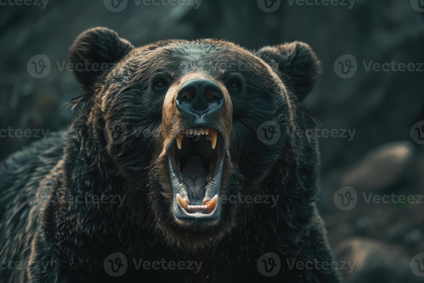 Large brown bear showing teeth and claws, roaring aggressively in nature photo