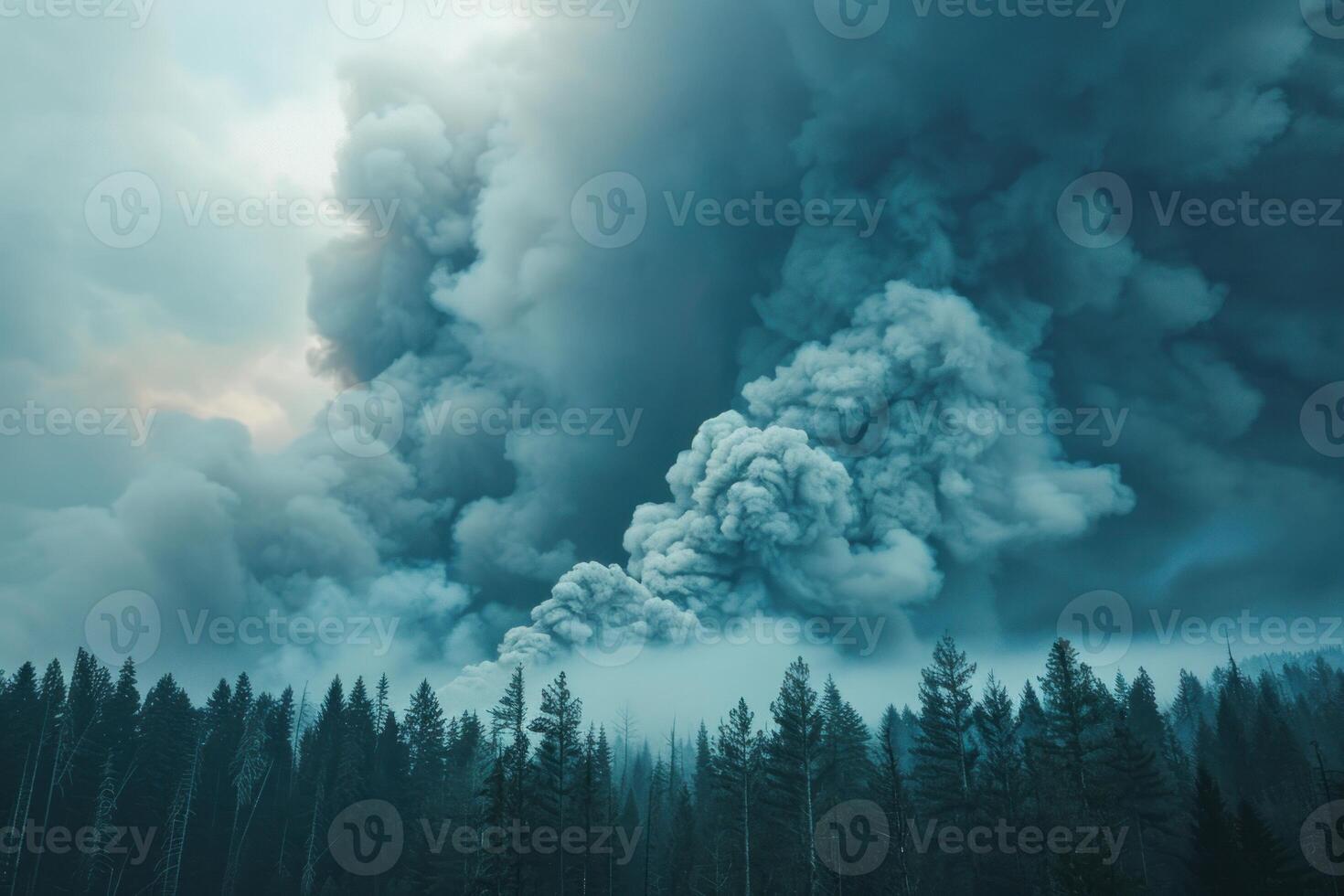 Huge smoke plume rising above a forest fire photo
