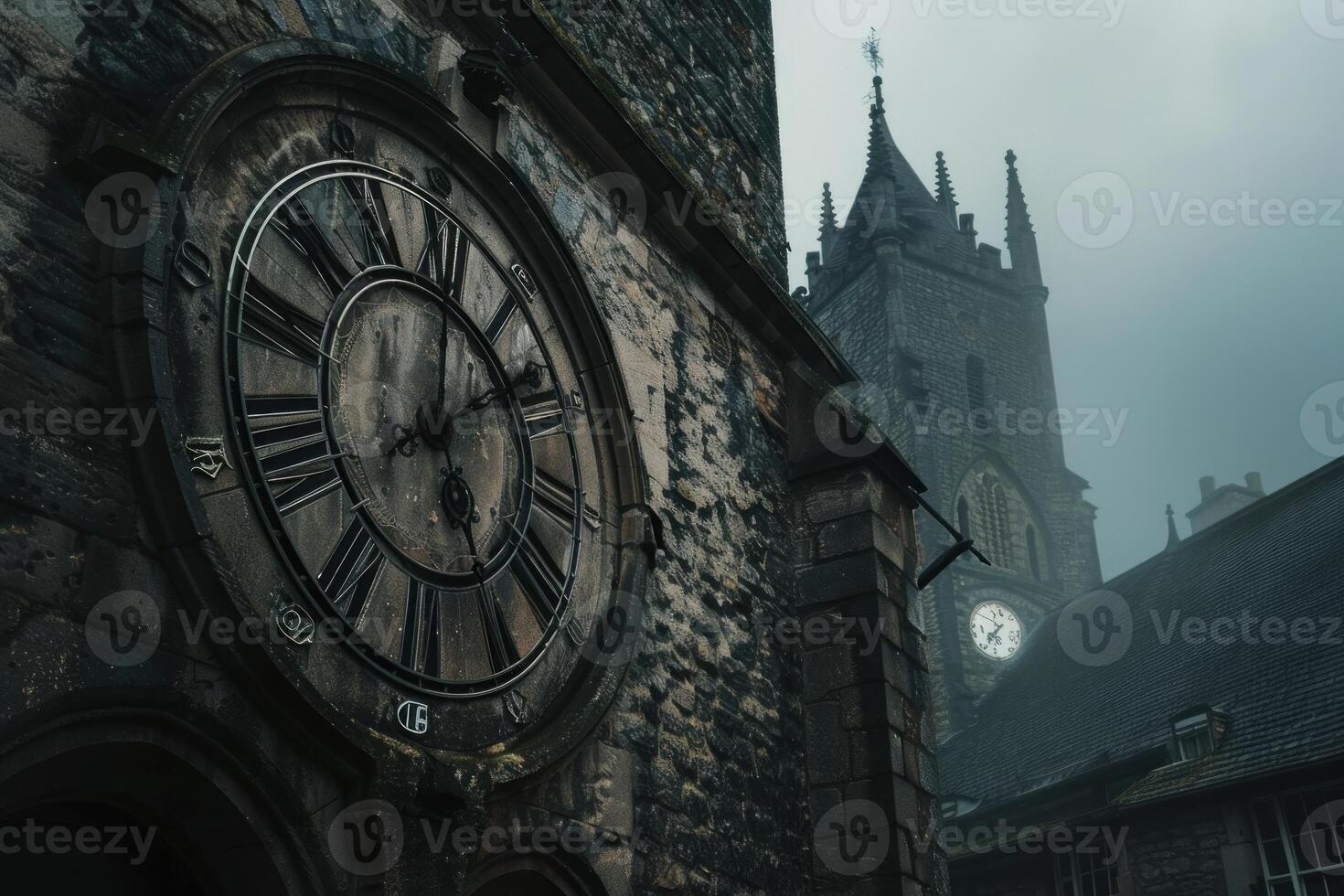 Ancient clock showing the passage of time on a church tower photo