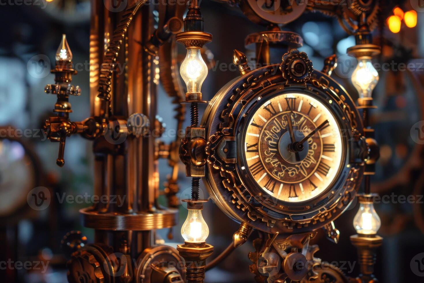 Steampunk clock mechanism showing time passing concept photo