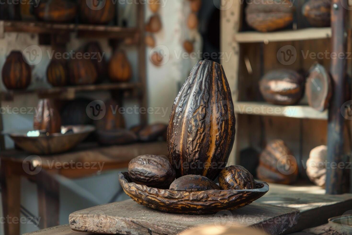 Displaying dried cocoa pods in a south american workshop photo