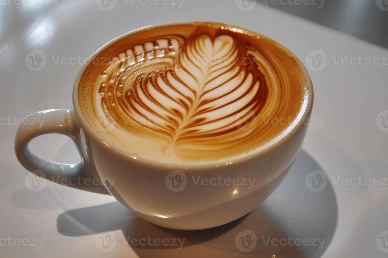 Cup of coffee with latte art on white table casting shadow photo