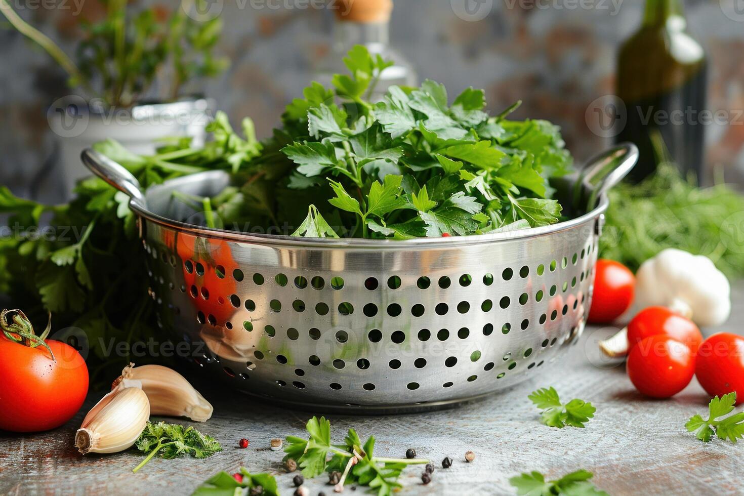 Fresh parsley sitting in colander with tomatoes and garlic photo