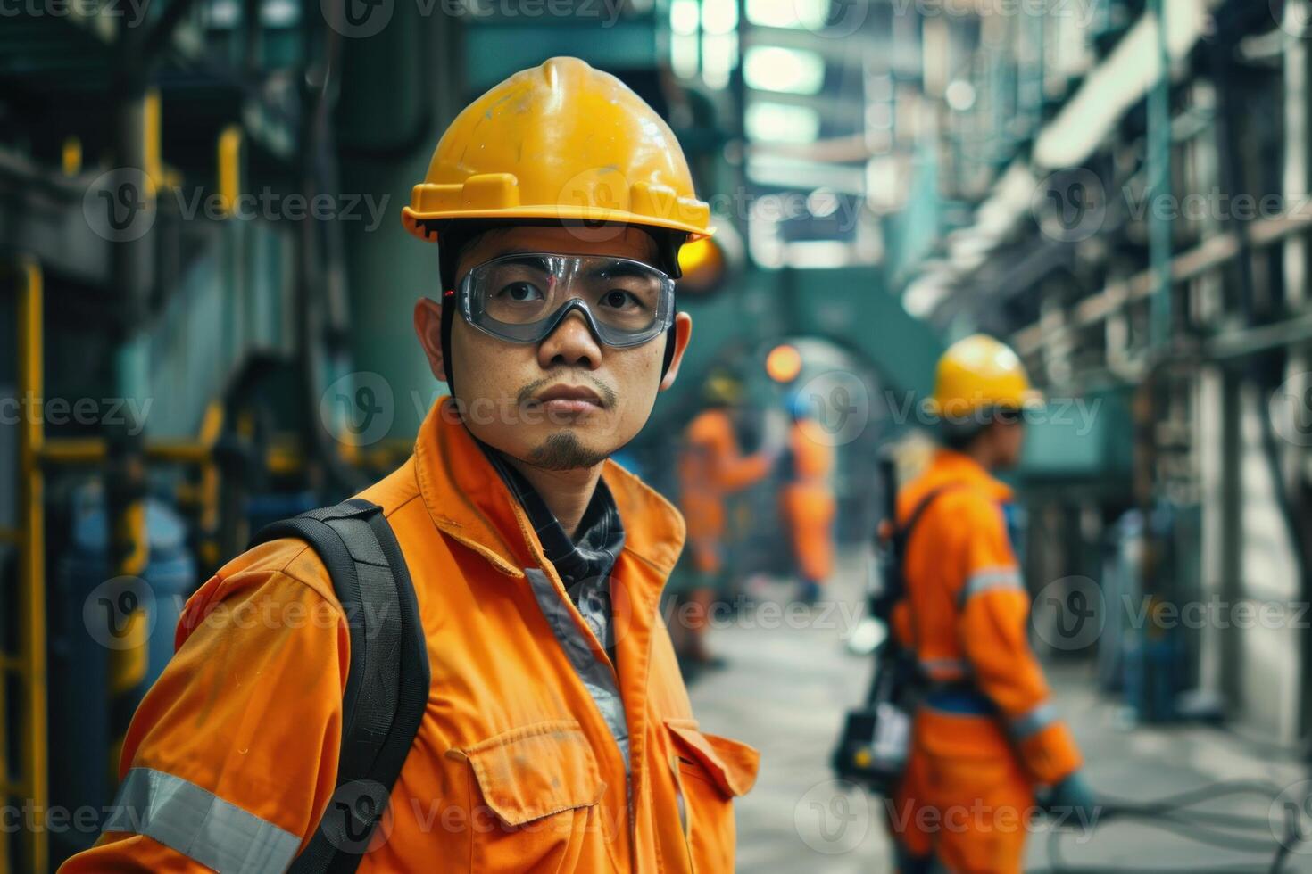 Industrial engineer wearing hard hat and safety glasses standing in a large factory photo
