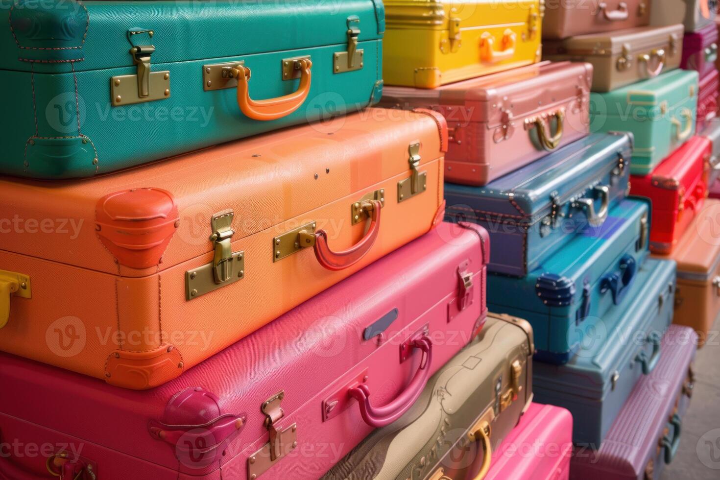 Colorful suitcases stacked high representing travel and adventure photo