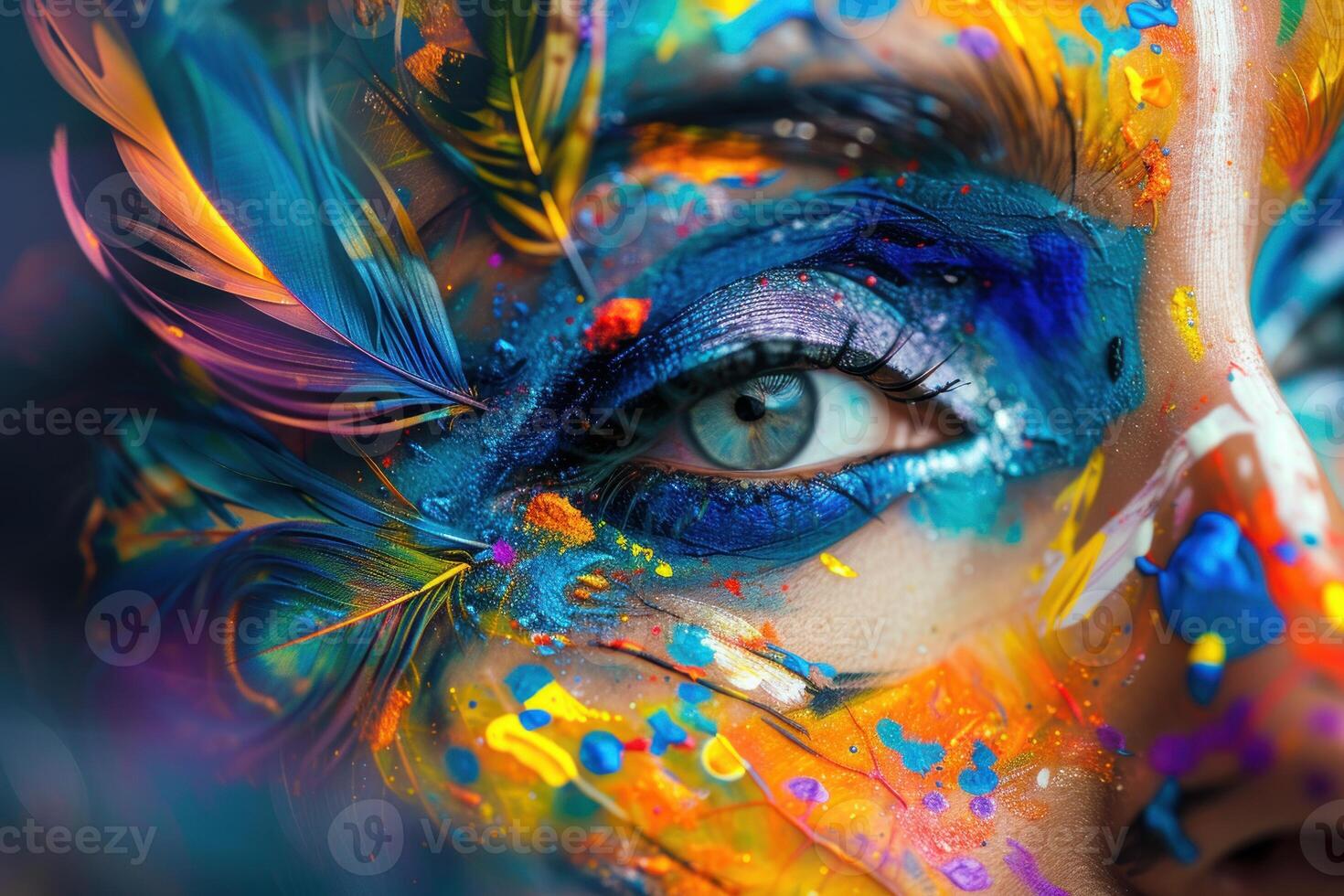 Model is posing with colorful face paint and feathers photo