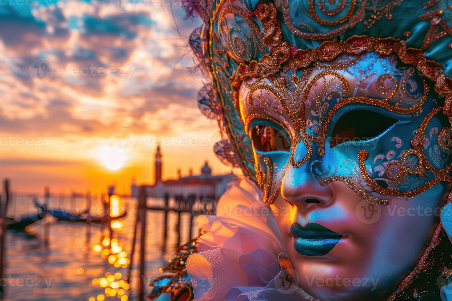 Venetian carnival mask glittering at sunset in venice, italy photo