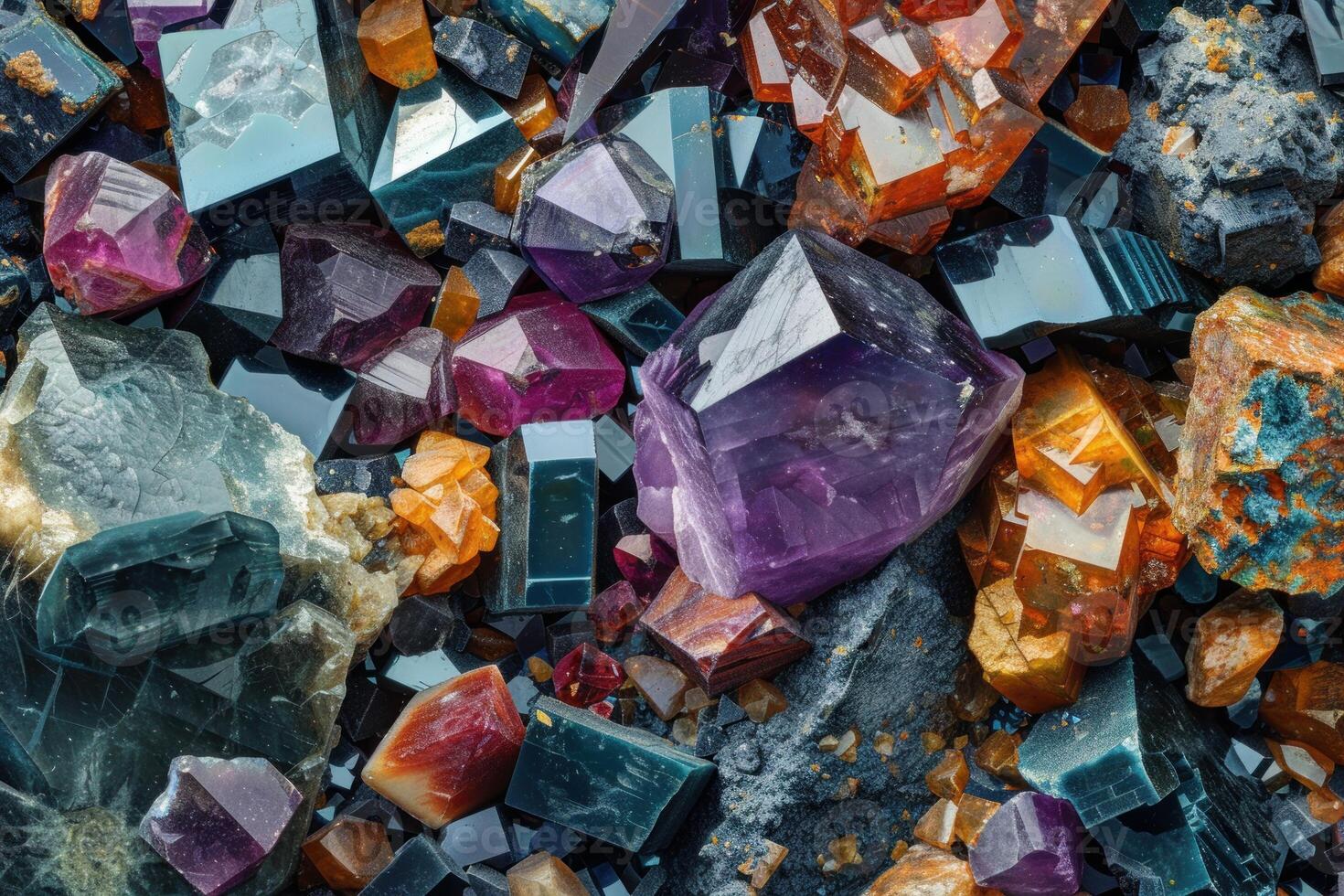 Colorful gemstones sparkling in natural light, a stunning display of earth's treasures photo