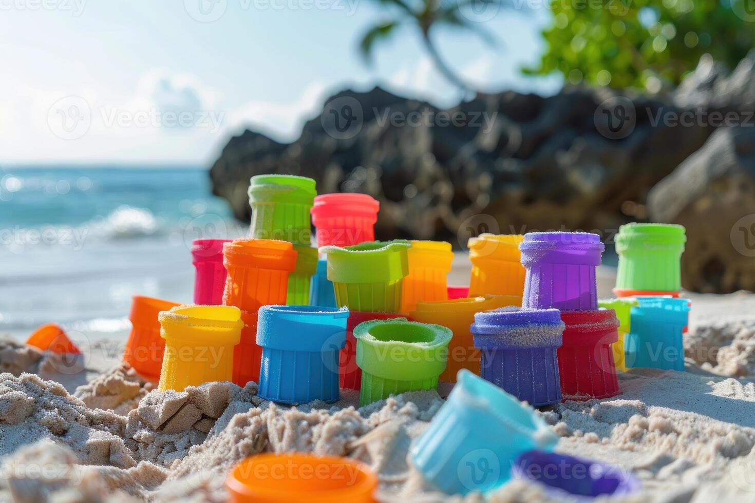 Colorful sand toys creating a fun tower on the beach photo