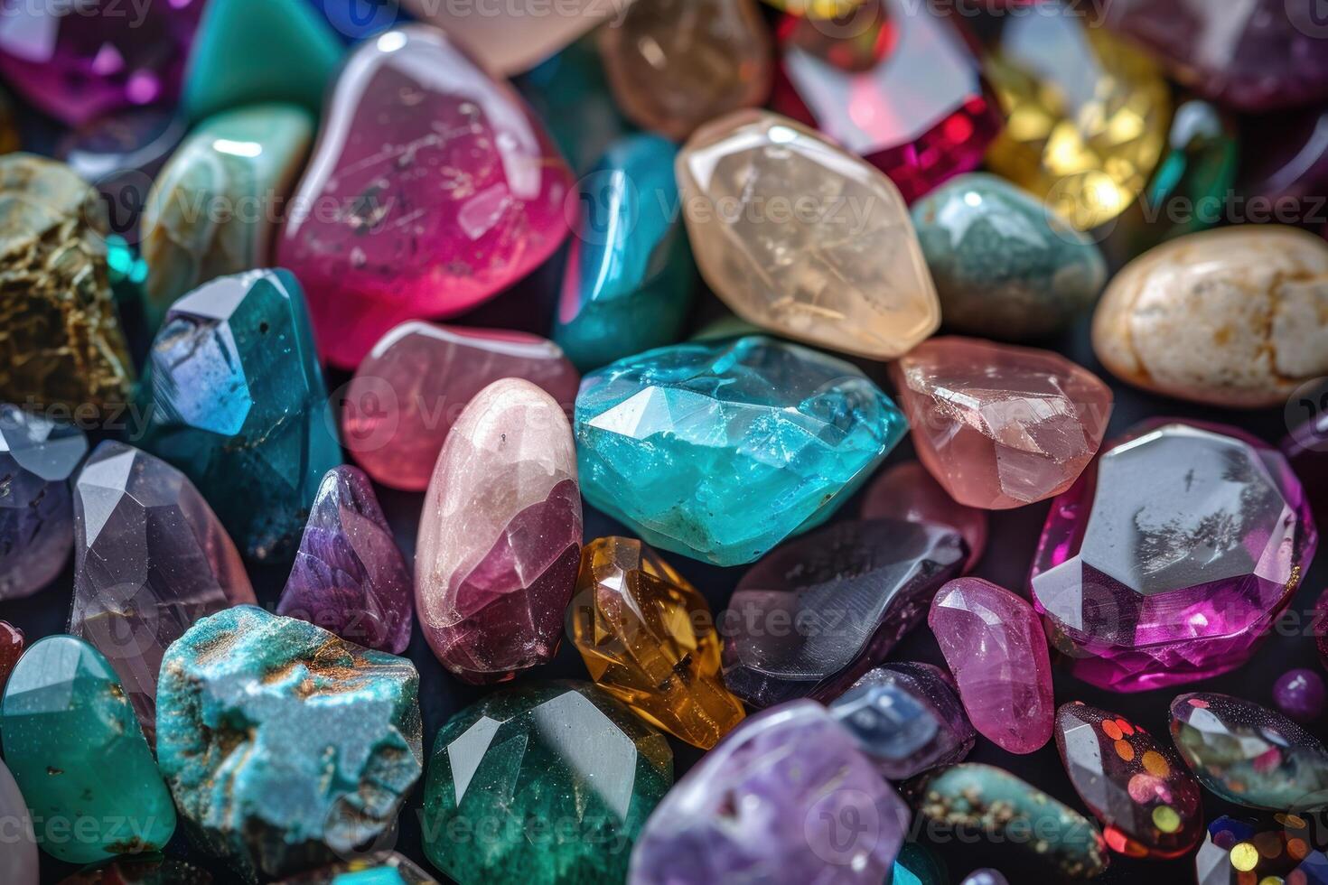 Colorful gemstones sparkling on black background photo