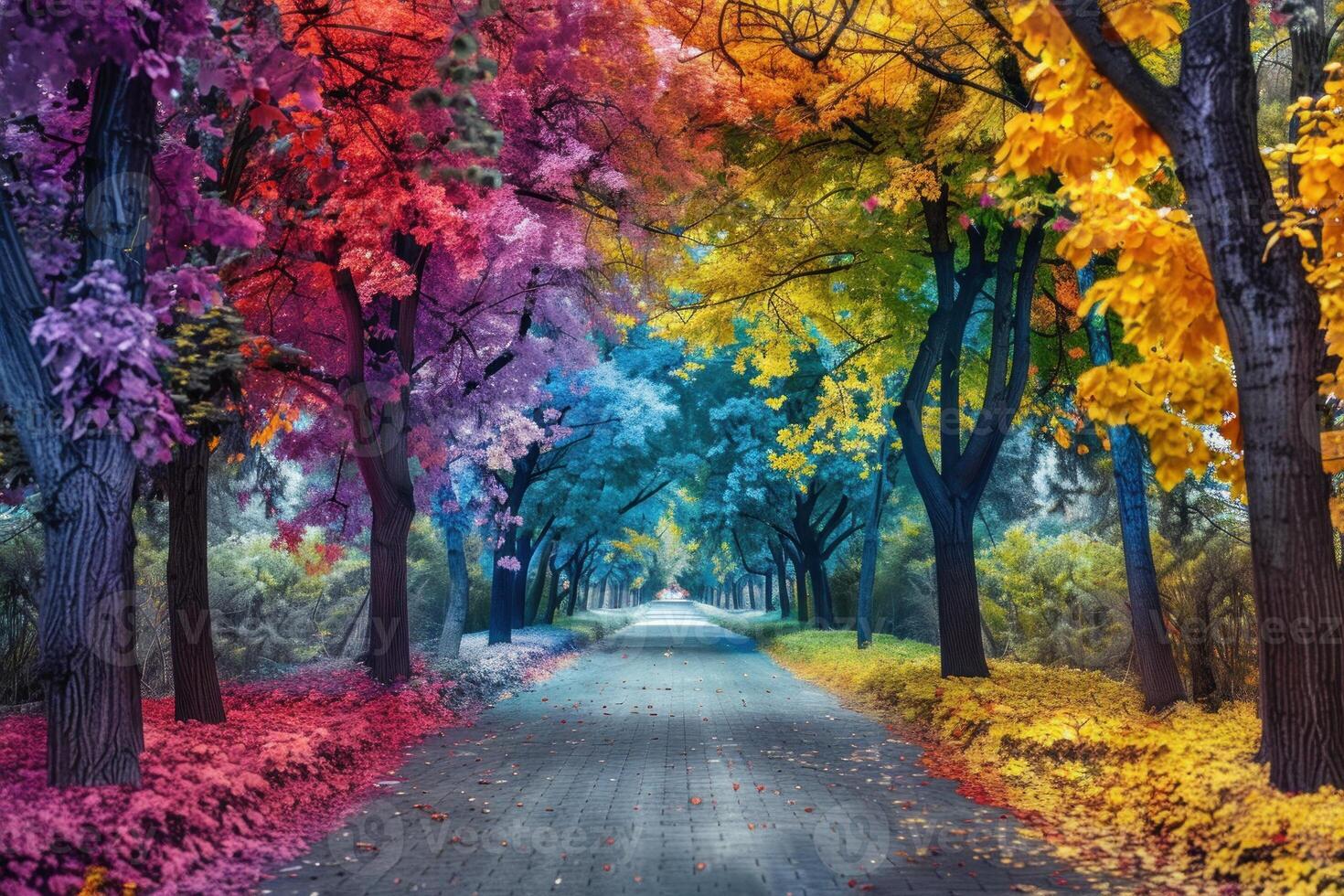 Empty path leading through trees with vibrant colored leaves photo