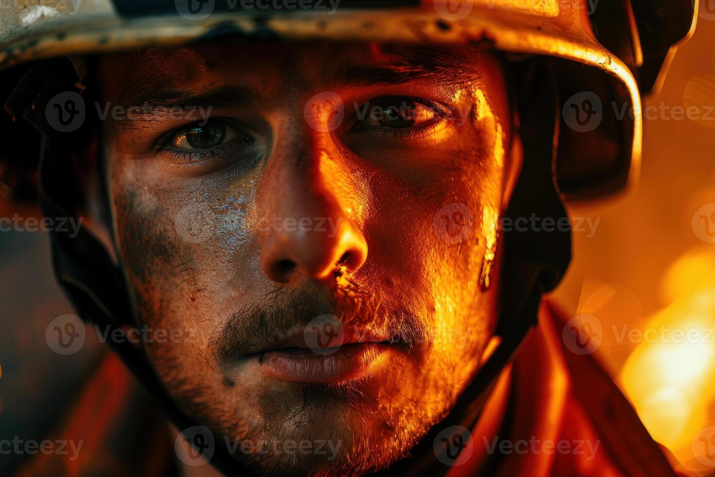 Firefighter portrait wearing helmet with flames reflecting on face photo
