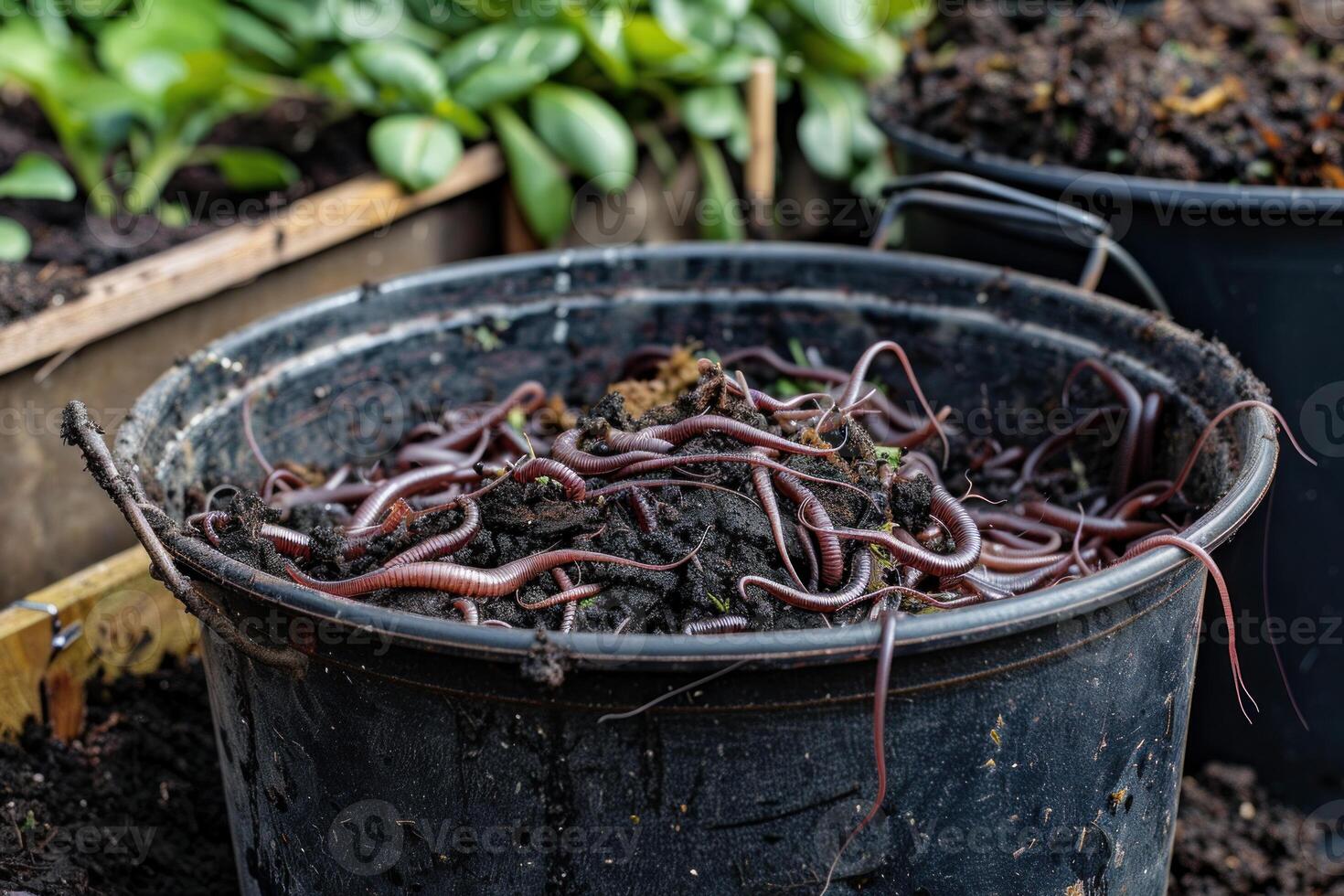 Earthworms are decomposing organic matter in a black bucket to make fertilizer photo