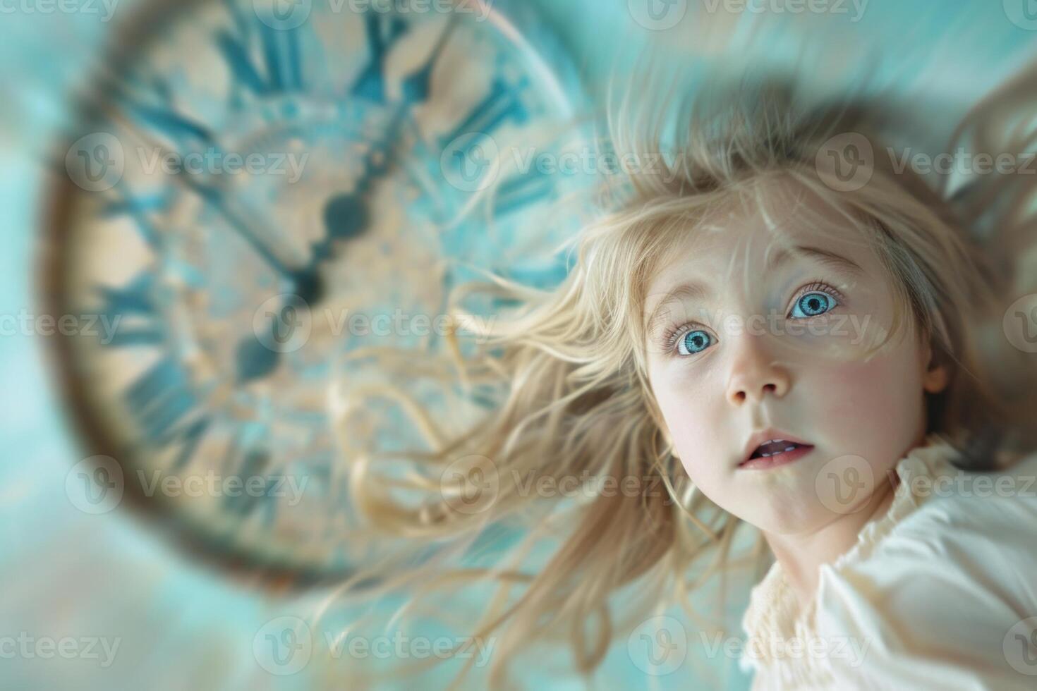 Little girl falling through time looking at camera with clock in background photo