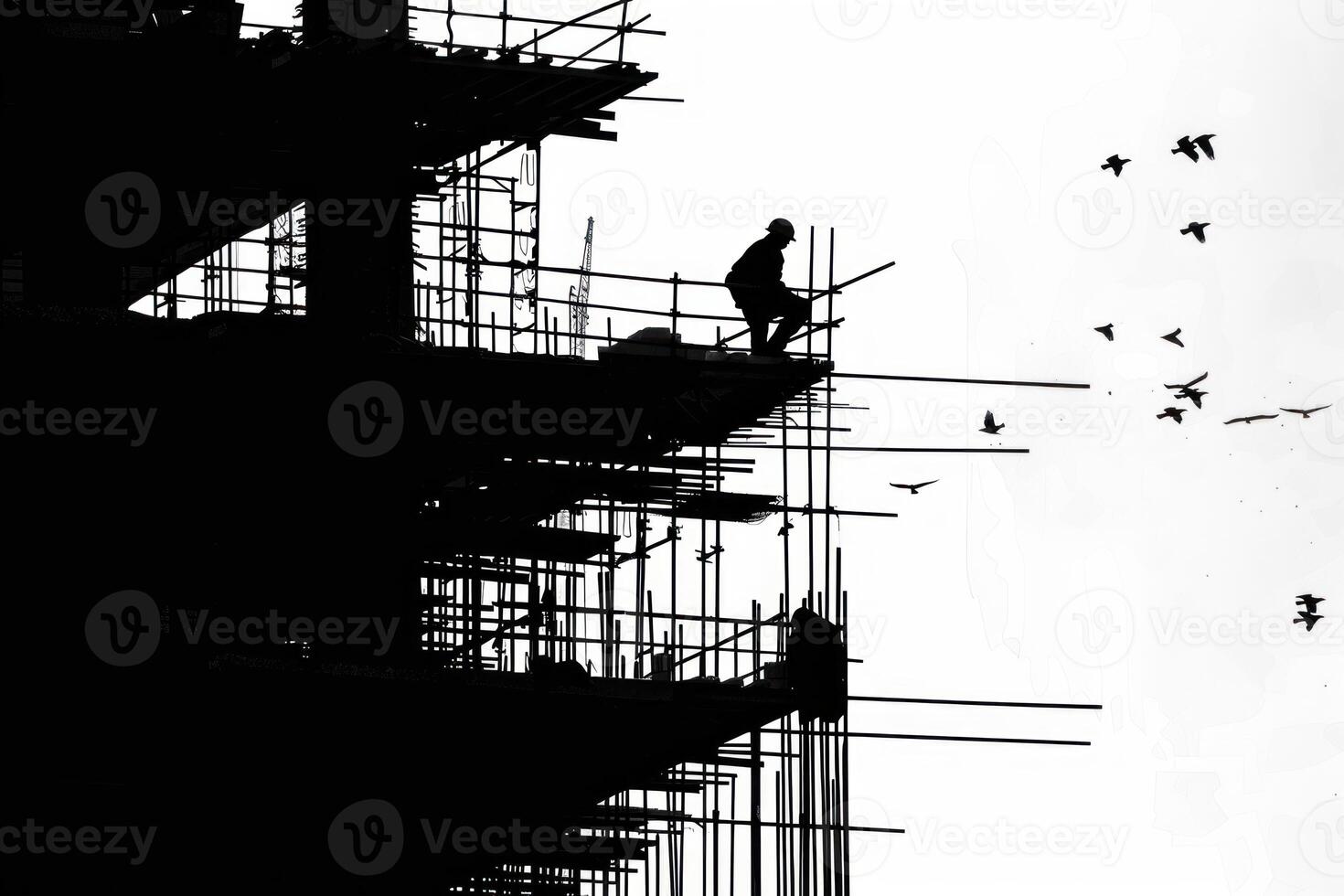 Construction worker standing on scaffolding with birds flying in black and white photo