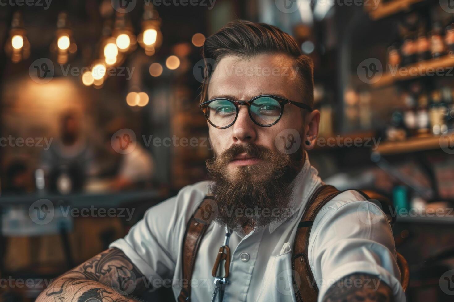 Bearded hipster barman posing in his bar restaurant photo